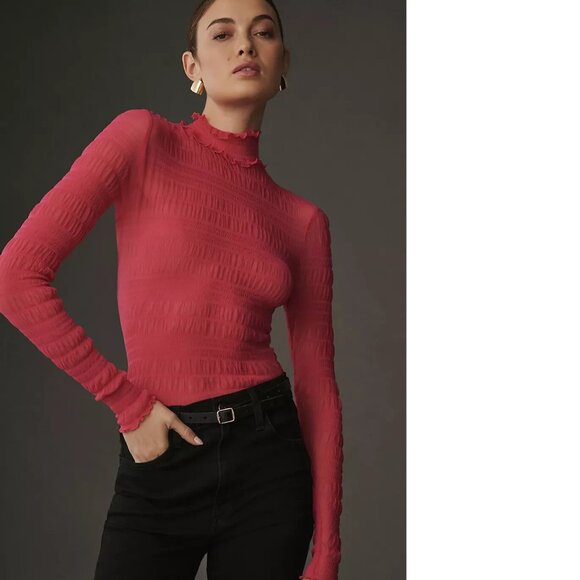 By Anthropologie Pilcro Smocked Mesh Turtleneck Top NEW size L pinK color - Picture 3 of 7